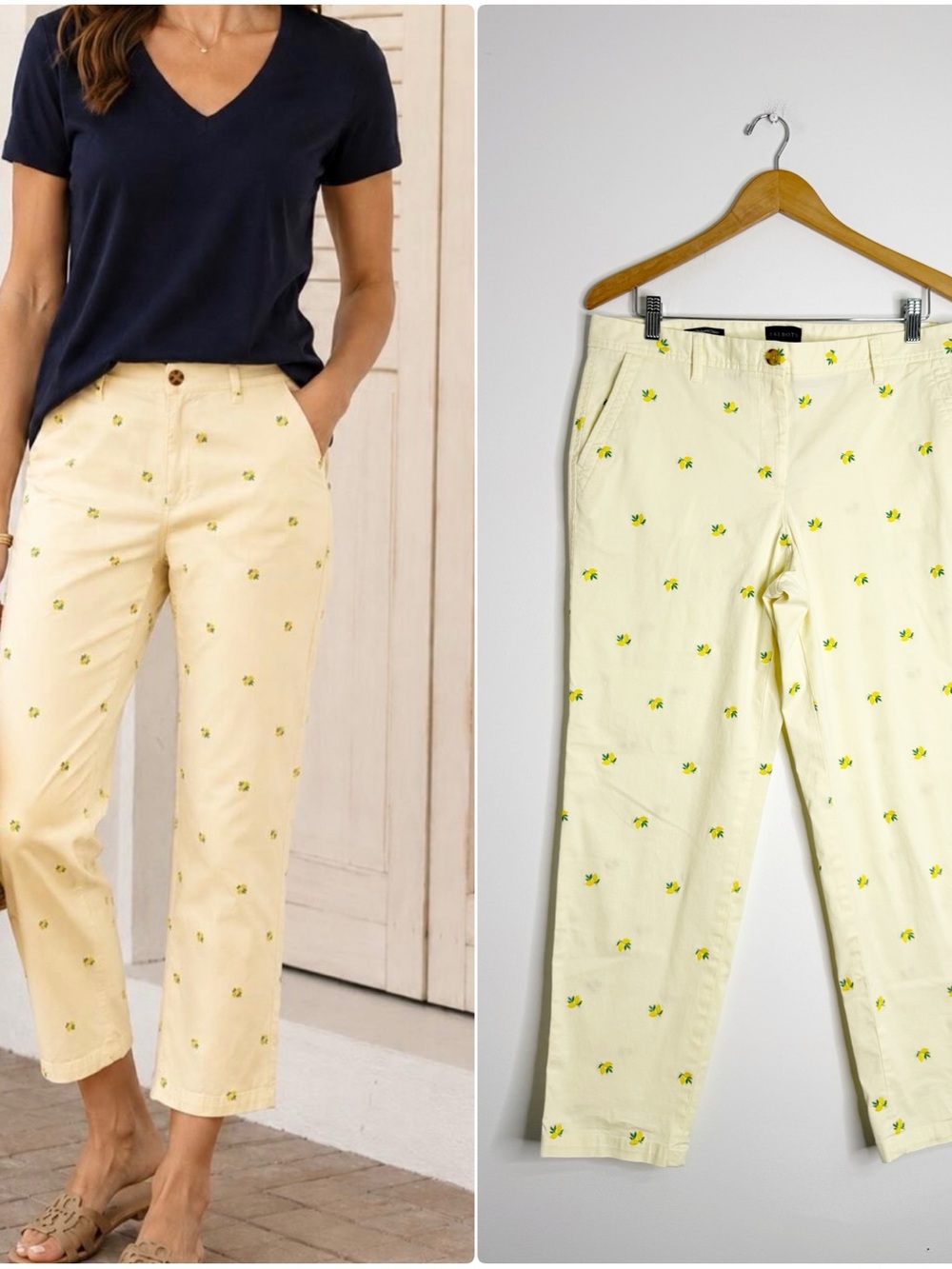Talbots Relaxed Chino Pants Size 10 Yellow Lemon Embroidered Stretch Cotton